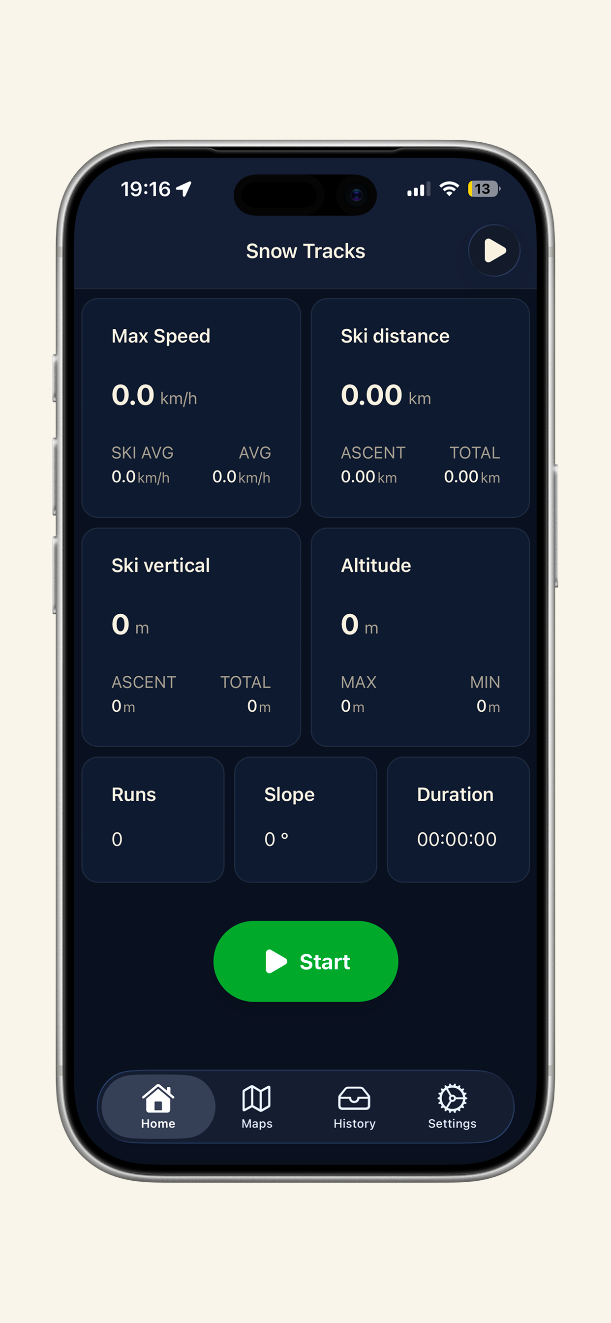SnowTracks Main Screen - Dark mode
